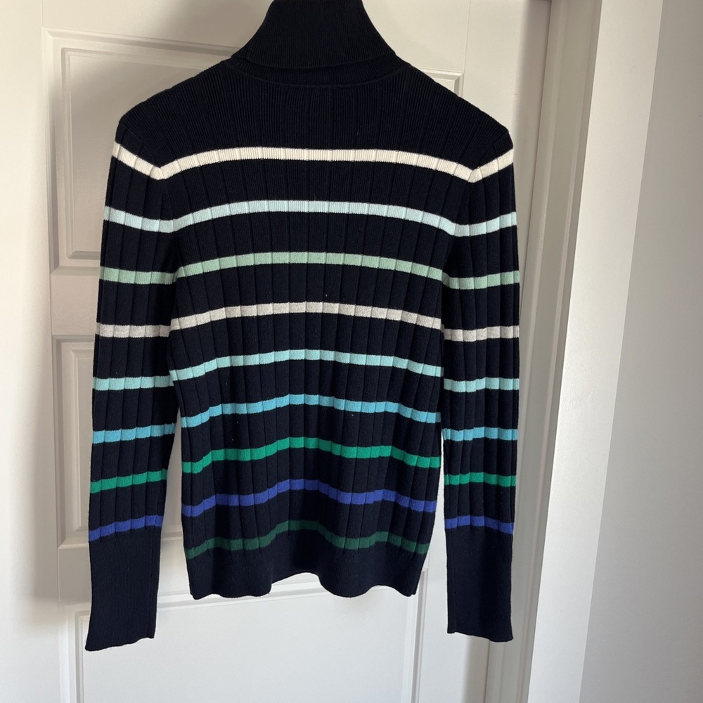 TALBOTS Blue Green Stripe Ribbed Turtleneck Sweater Button Cuff S New Nautical - Picture 12 of 12